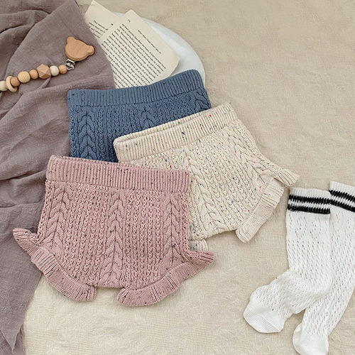 Winter and Spring Cross-Border Baby Girl and Boy Crochet Bread Pants Knitted Shorts for Boys and Girls with Colorful Spots Cotton Lotus Leaf Butt Pants
