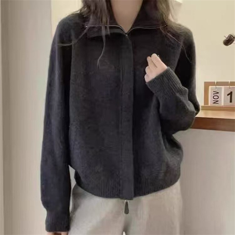 跨境专供简约纯色立领双拉链针织开衫秋冬新款欧码宽松厚实毛衣女|undefined