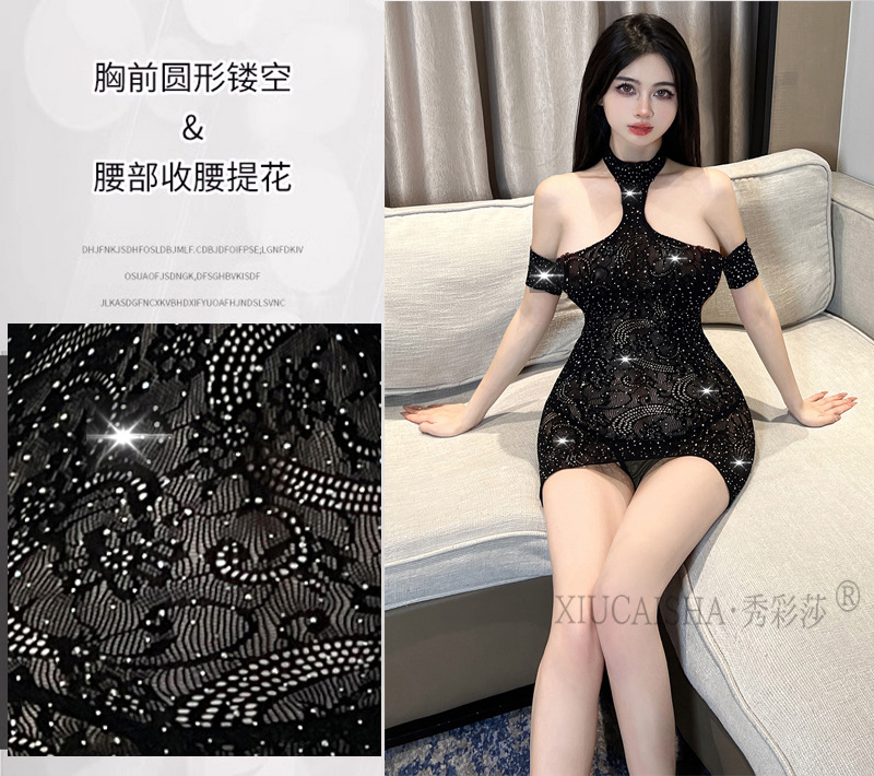 Rhinestone Mesh Babydoll Nightgown with Black Stockings, Sheer Polyester, Plus Size — detail image 10