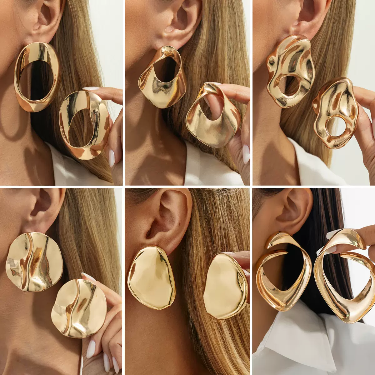 欧美跨境饰品 冷淡风几何环形金属耳环 简约镂空褶皱光面合金耳饰