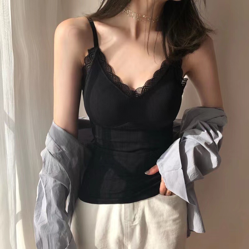 Popular Internet Hot Sexy Lace Small Camisole Vest Women's Autumn and Winter fleece-lined Warm Base Top with Chest Pad
