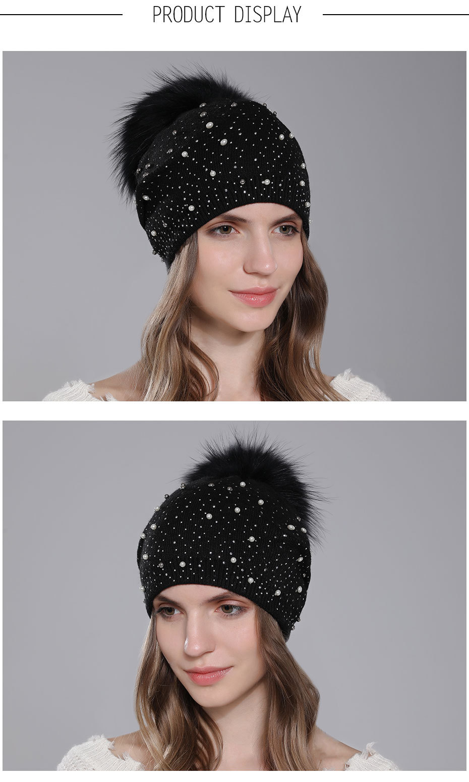 Perle de laine pour femmes pour la chaleur de l'hiver, chapeau tricoté en boule de fourrure de raton laveur, style pull à la mode pour femmes_voghion.com