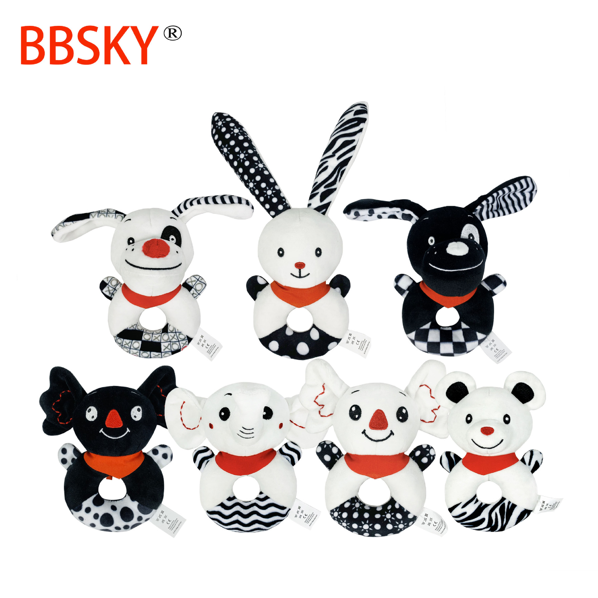 Blanco y Negro serie conejo Koala Oso de dibujos animados anillo de mano bebé juguete de peluche mano sonajero juguete en stock al por mayor