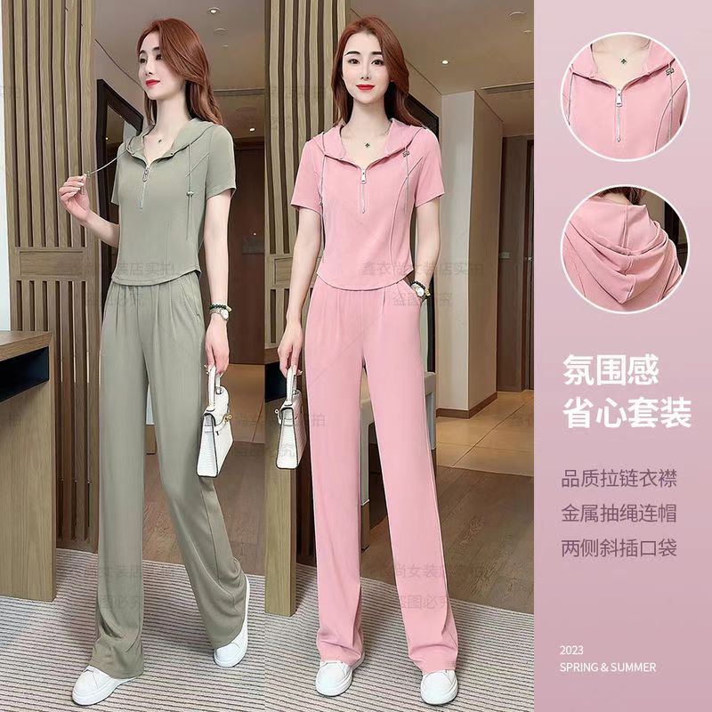 2025春夏新款休闲运动服套装女短袖洋气质阔腿裤时尚显瘦两件套潮