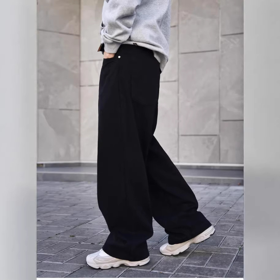 Men's Wide Leg Jeans Straight Leg Trousers Loose Fit Mid Waist Cotton Long Pants Black Light Blue_mkmklike.com