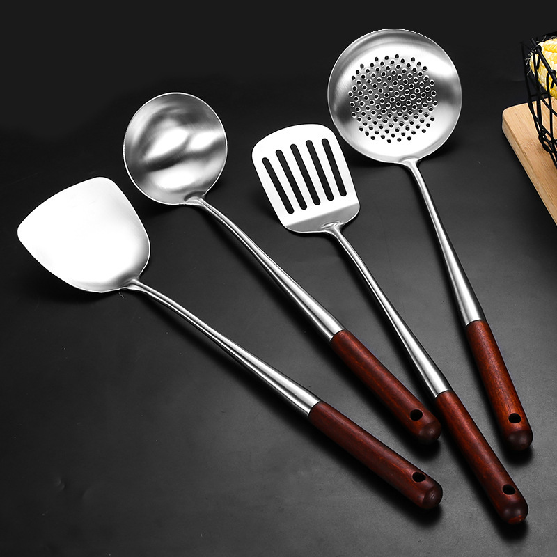 Paleta de acero inoxidable, mango de madera largo, pala de cocina, pala de chef, cuchara de cocina, utensilios de cocina domésticos resistentes a altas temperaturas y a las escaldaduras