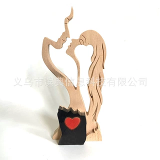 永恒的爱情侣木质雕像摆件简约木质情人亲吻工艺品摆饰房间装摆件