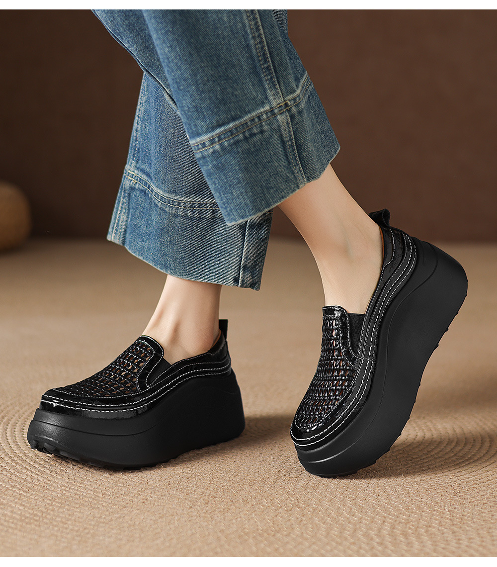 Giày sandal cao gót nữ hở mũi đế dày da thật mũi tròn phong cách lười — màu đen, màu trắng ngà chi tiết 24