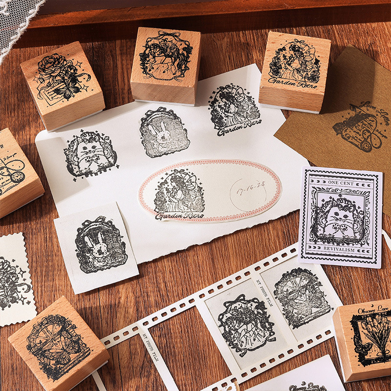 Molino de viento de Lingcheng madera caja de sello de cuentas transfronterizas sello de combinación de animales y plantas viento retro sello de silicona