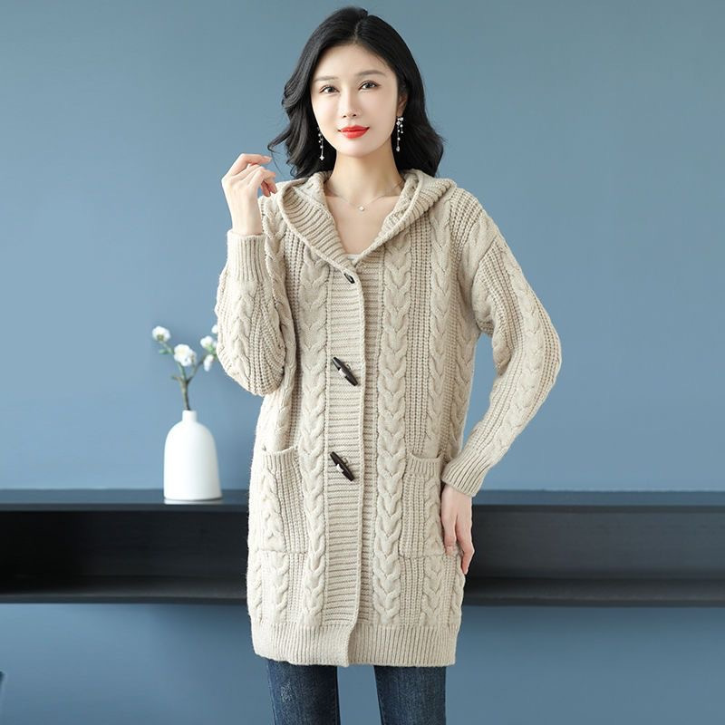 Hooded Knitwear Jacket for Women in Autumn and Winter Thickeneded Mid-Length Ribbed Knitwear Korean Style Loose Outer Knitted Cardigan