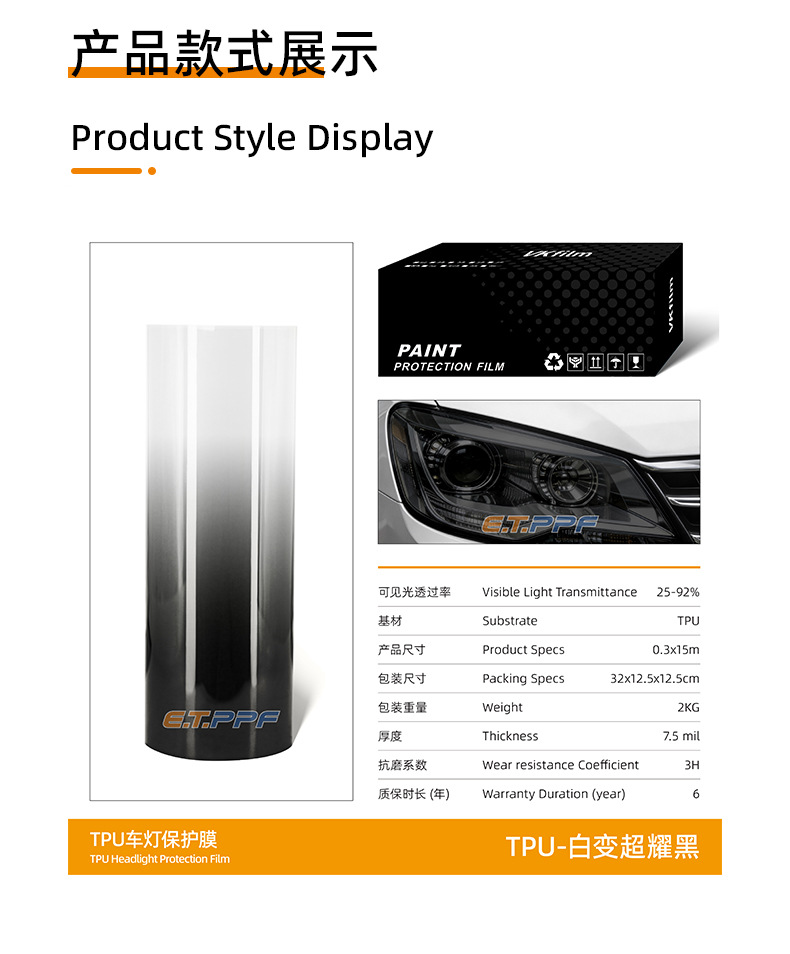 White to Super Black 25% Photochromic TPU Headlight Protection Film, Scratch-Resistant, Self-Healing, Automotive Supplies Film