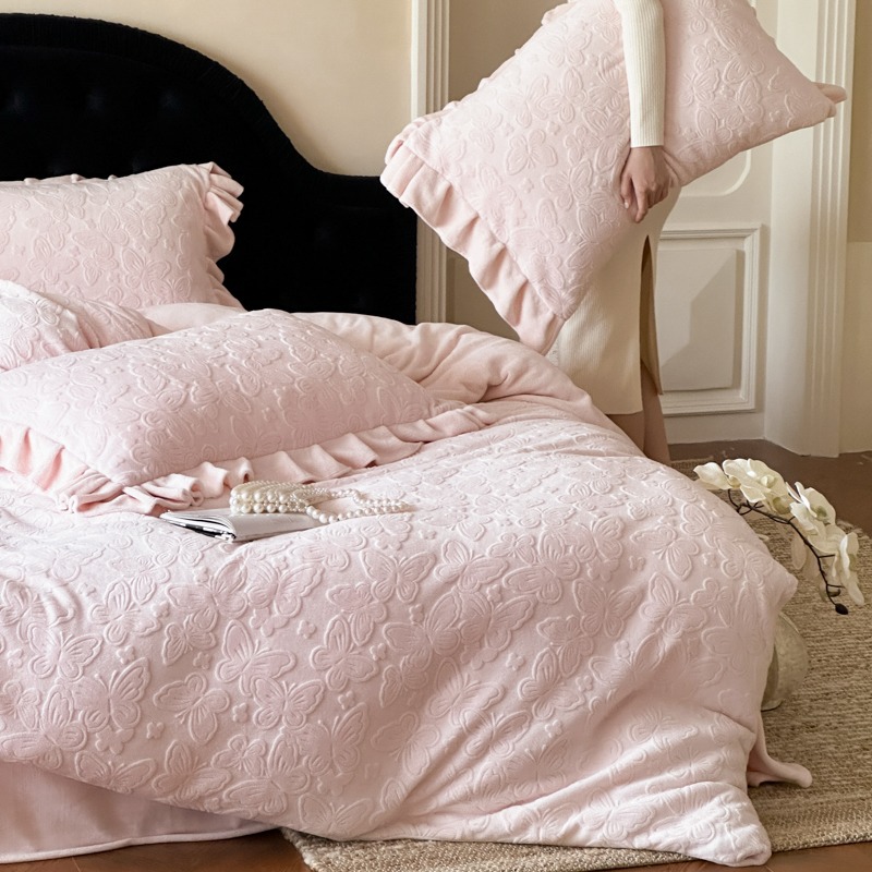 冬用厚手マット無地立体彫刻ミルクベルベット4点セットベッドシーツ寝具