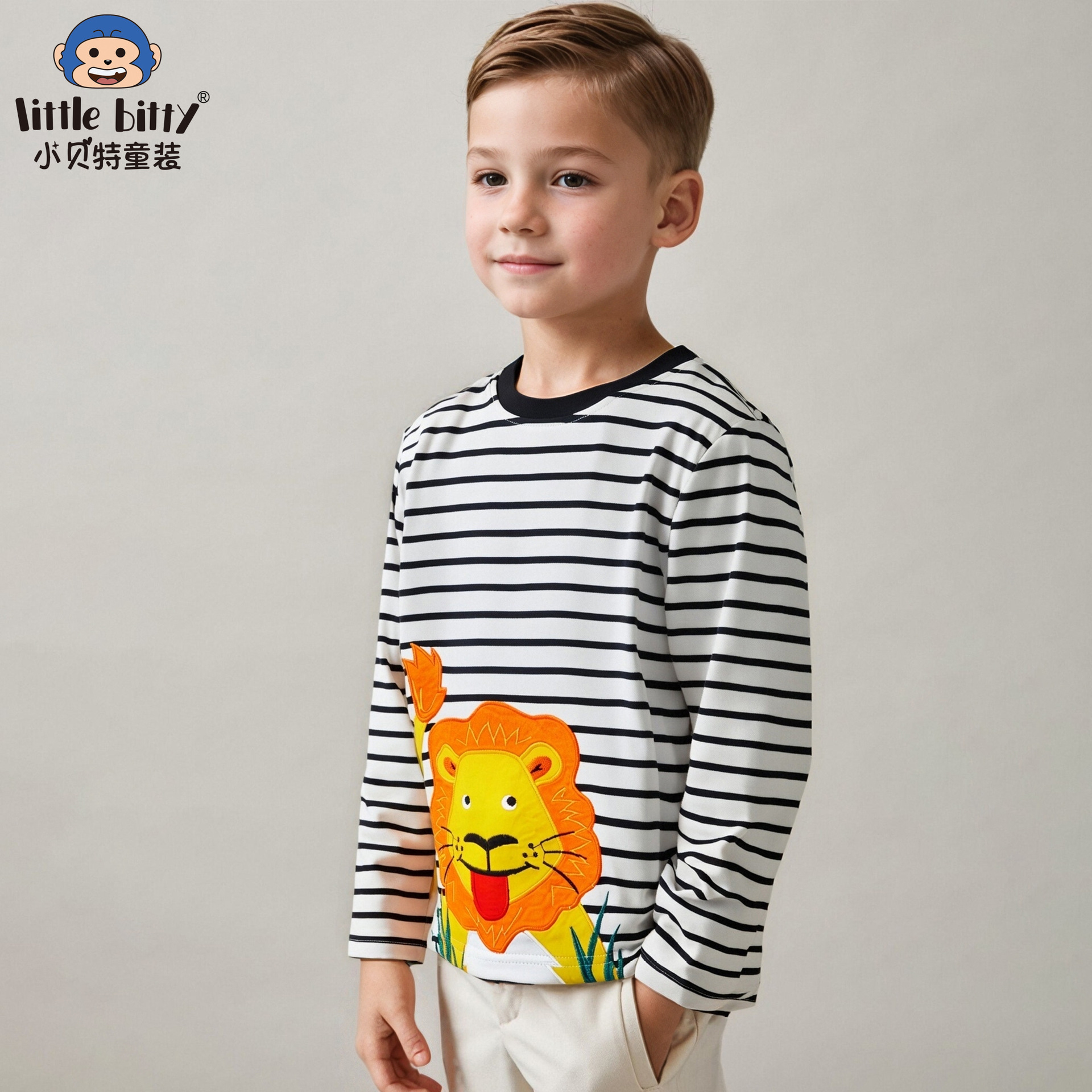 Cross-border e-commerce 2025 Autumn/Winter New Children's Long-Sleeved T-Shirt with Cartoon Lion Embroidery - Boys' Long-Sleeved Clothing