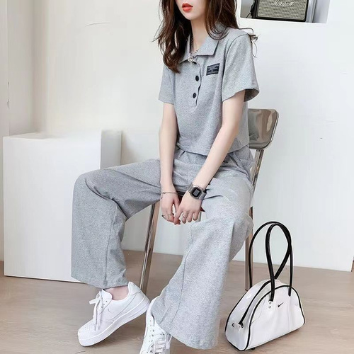Casual sports suit for women 2026 new Korean style slimming short shirt, wide-leg pants, two-piece summer
