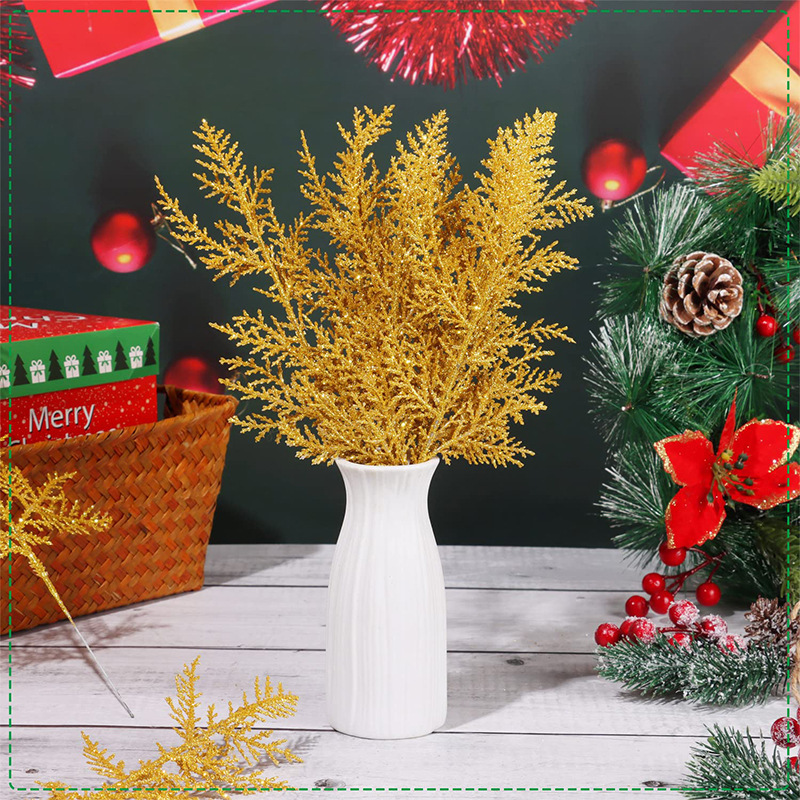 Cross-border Artificial Pine Needle Branches Glitter Leaves Christmas Flowers DIY Home Garden Decoration Wreath Arrangement 3