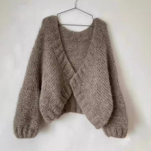 新款秋冬慵懒风长袖毛衣外套女棕色v领别致独特针织开衫上衣
