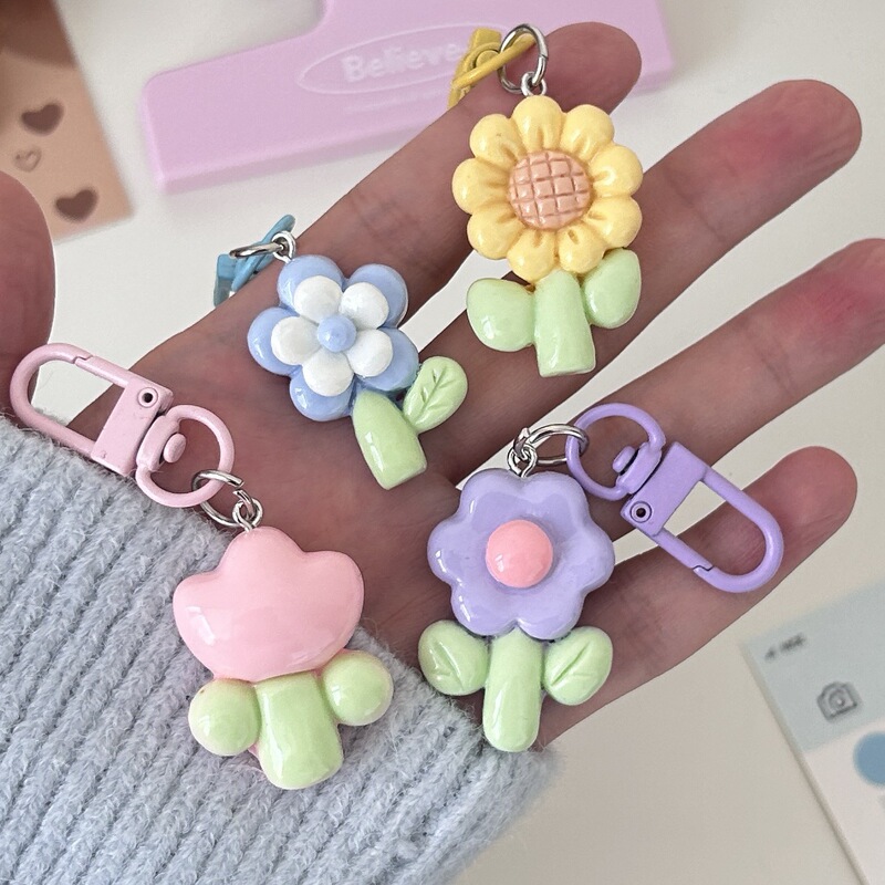 Creamy Style Chubby Flower Keychain Cute Girl's Heart Sweet Pendant Tulip Sunflower Schoolbag Pendant