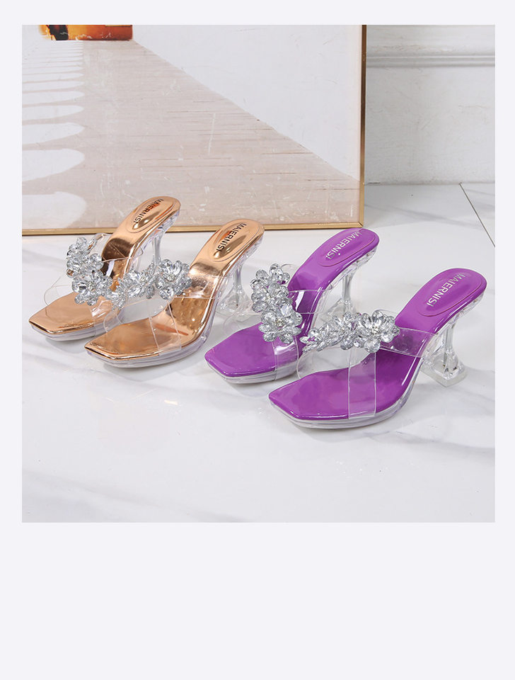 Sandal nữ quai ngang trong suốt gót ly pha lê, gót 6–8 cm — Vàng Sâm Banh, màu tím chi tiết 15