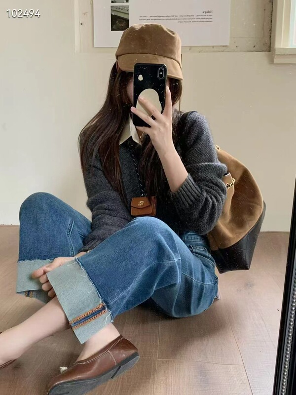 南油高端品质经典蓝色高腰阔腿牛仔裤卷边设计感超别致九分直筒裤|undefined