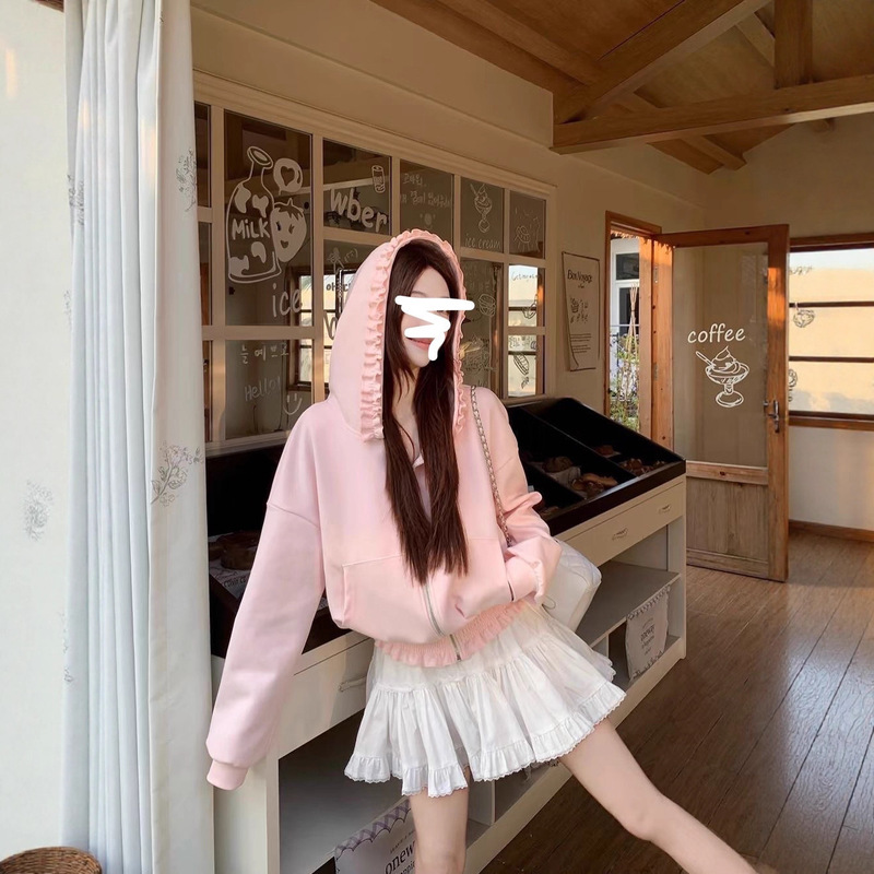 Women's Spring and Autumn Loose Waist Cardigan with Ruffle Trim, Hooded Sweatshirt, Zipper, Sweet Hoodie, Stylish Design Jacket Women's Spring and Autumn Loose Waist Cardigan with Ruffle Trim, Hooded Sweatshirt, Zipper, Sweet Hoodie, Stylish Design Jacket