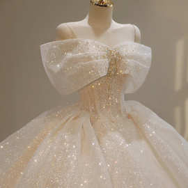 法式主婚纱礼服2024新款新娘一字肩大码重工高级拖尾小个子轻婚纱