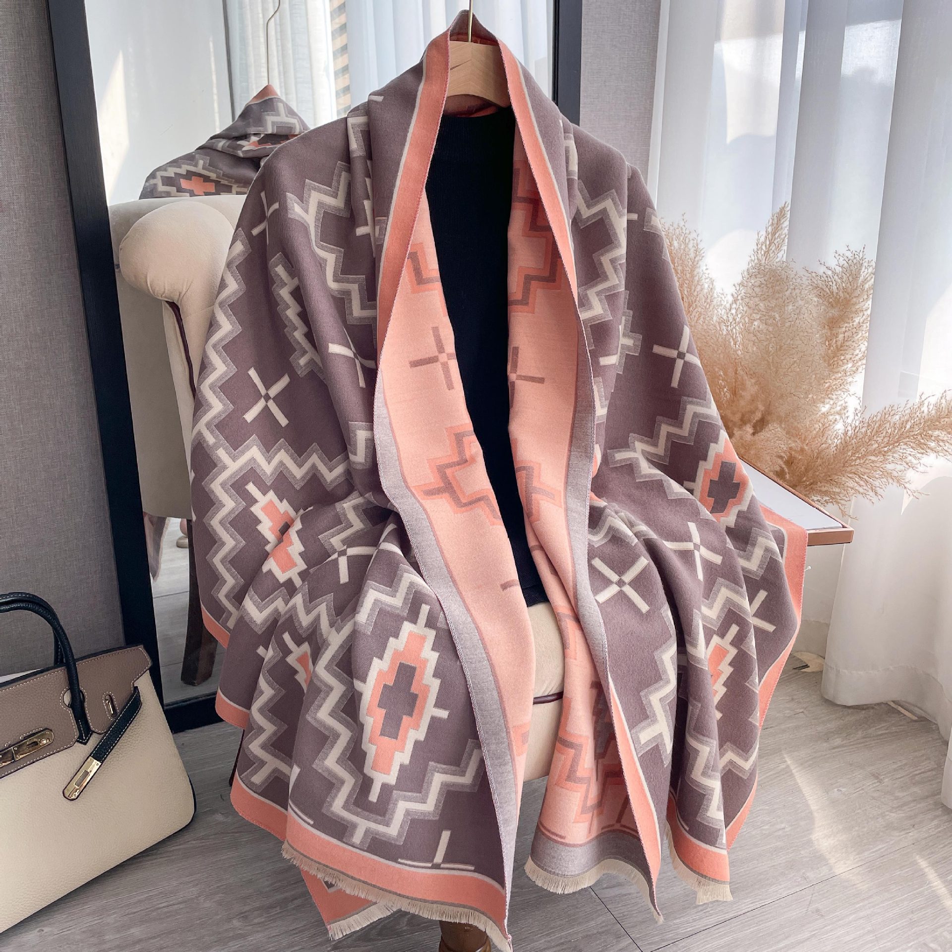 Nuevo estilo cachemir-como estilo coreano grueso cálido chal Retro color a juego geométrico diamante patrón bufanda para las mujeres Otoño e Invierno