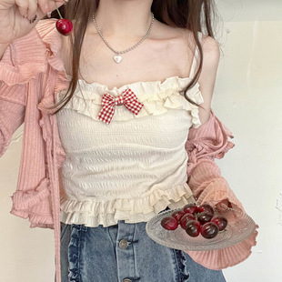 Sweet and Spicy Design Bowknot Camisole Women's Spring and Summer Korean Version 2025 New Ruffled Shorts Inner Top
