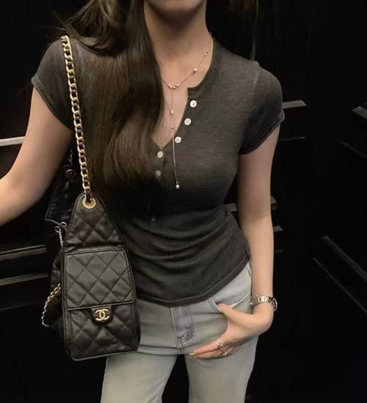 2025美式老钱风半开领设计感针织短袖T恤女夏季时尚休闲上衣绝美|undefined
