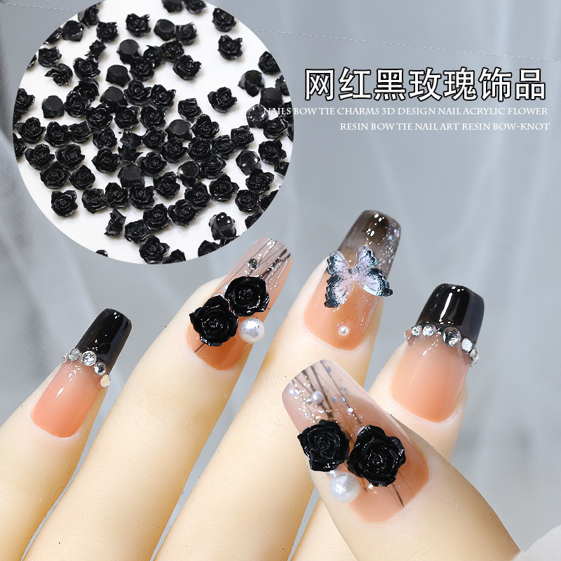 Wholesale New Black Rose Nail Art Jewelry Dark Black Style Three-dimensional Camellia Resin Mixed Nail Accessories Wholesale New Black Rose Nail Art Jewelry Dark Black Style Three-dimensional Camellia Resin Mixed Nail Accessories