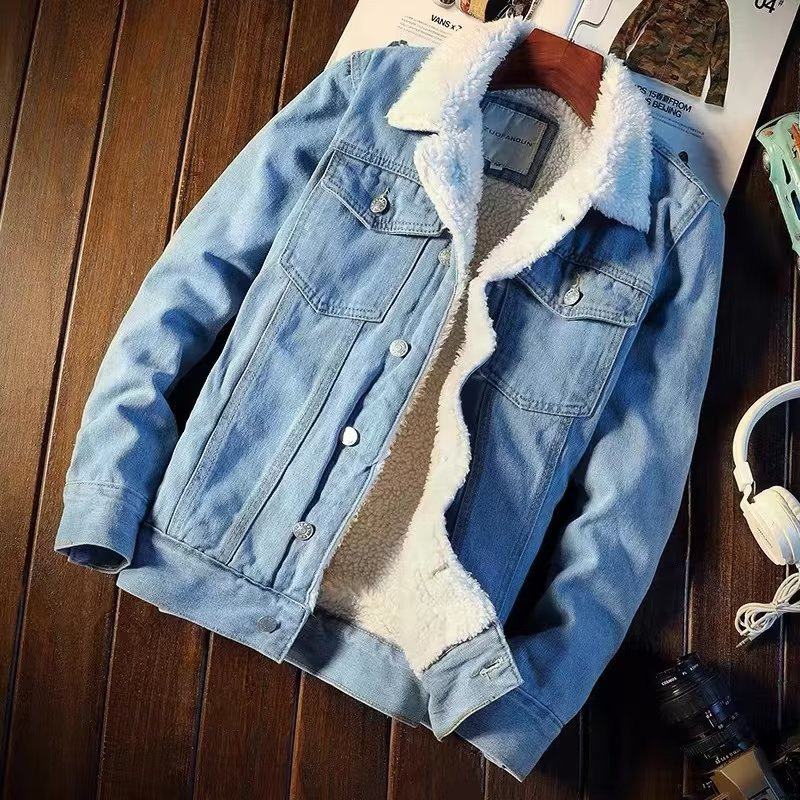 Winter Retro Velvet Denim Jacket Men's Youth Korean Style Thickeneded Jacket Top Trendy Large Size Export Cotton Jacket