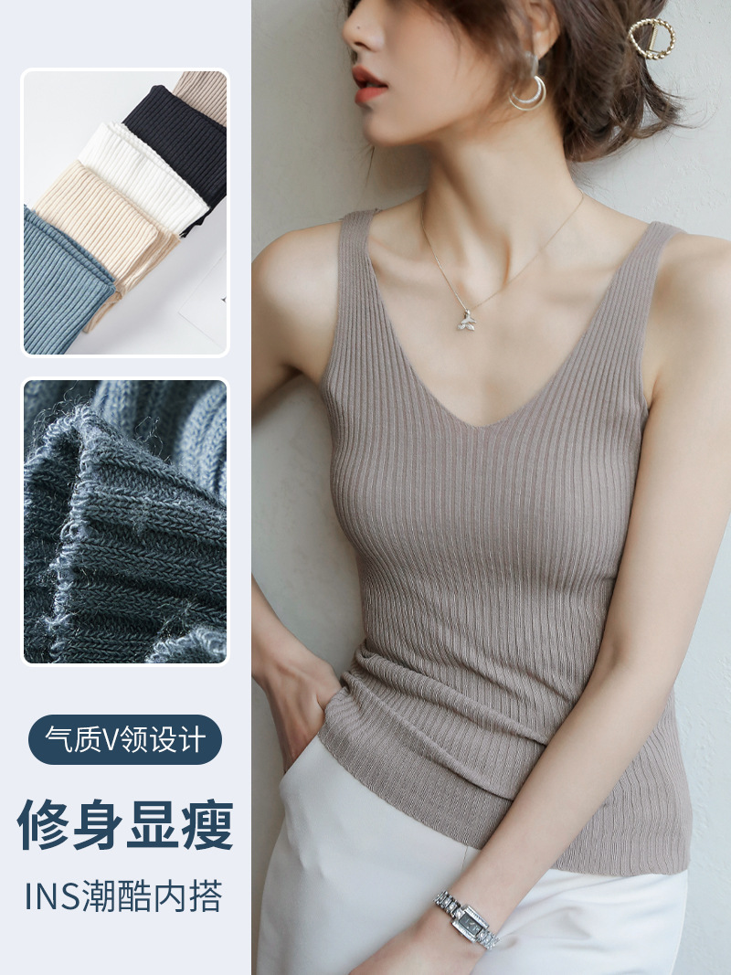 Camisole Women's Knitted V-Neck Outer Wear Loose Design Summer Thin Black Slim Fit Inner Sleeveless Top Camisole Women's Knitted V-Neck Outer Wear Loose Design Summer Thin Black Slim Fit Inner Sleeveless Top