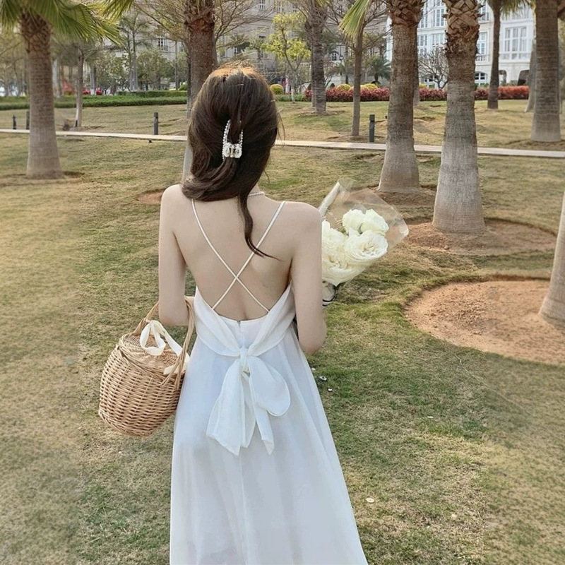 Beach photo outfit: ultra-feminine white strapless backless dress, Sanya beach dress, long dress for petite women, ankle-length