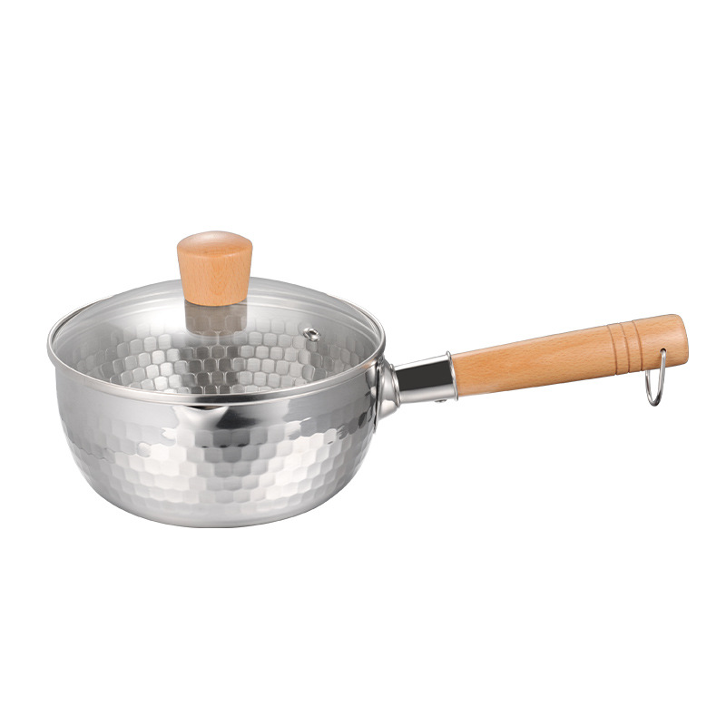 Sartén para nieve de acero inoxidable 430 sin recubrimiento, olla para leche con mango de madera, suplemento de alimentos para bebés, olla para fideos instantáneos, martillo de cocina, olla para sopa con patrón