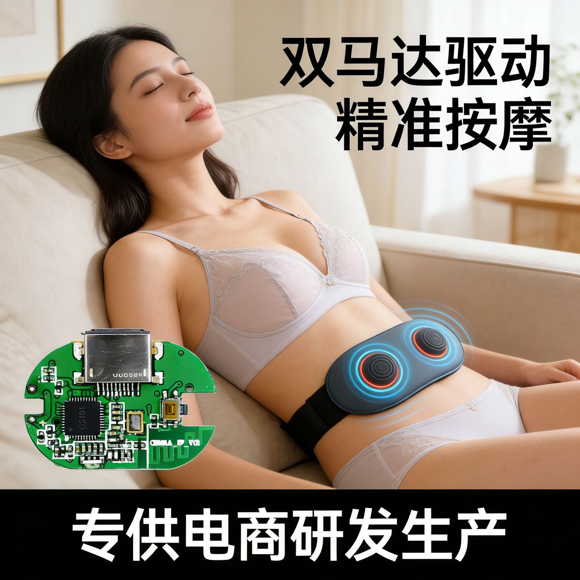 蓝牙双振动马达智能按摩内衣PCB主控板，支持APP振动模块智能控制