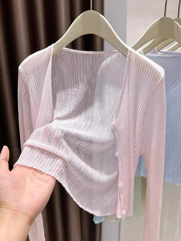 薄いアイスシルクとサスペンダースカート付きの女性用日焼け止めブラウス、夏用の紫色のわずかに透ける空調シャツ、ニットカーディガンとチョッキ|undefined