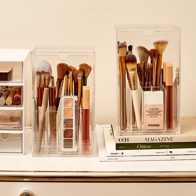 Makeup brush storage container can be stacked with a lipstick rack, divided compartments for eyeshadow, eyebrow brushes, foundation brushes, large-capacity brush holder