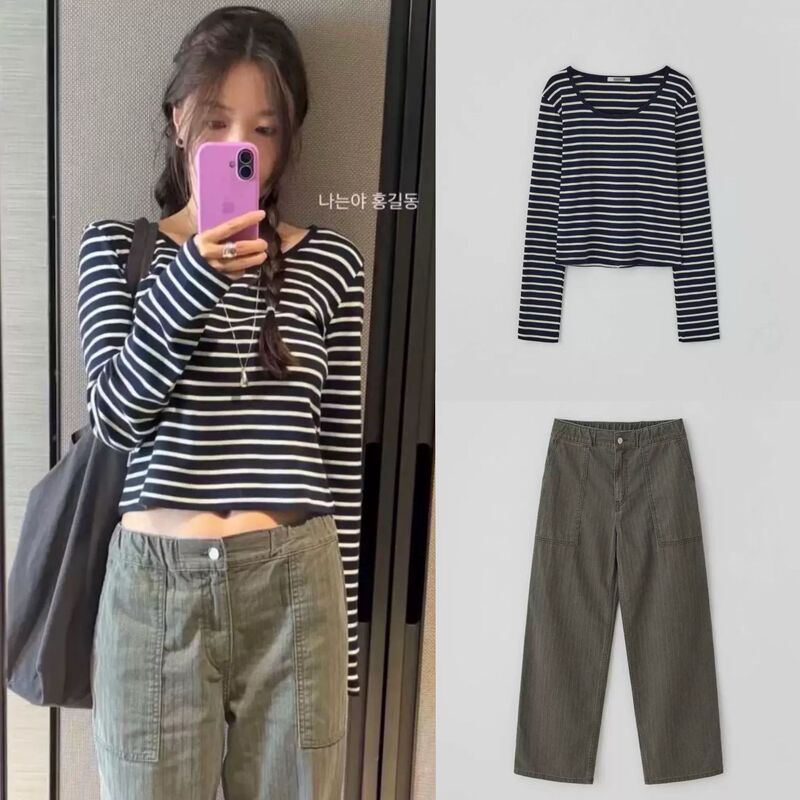 Korean Designer Tan*At Striped Long-Sleeve T-Shirt/Pocket Casual Cargo Pants Korean-Style Women's Fashionable Set Korean Designer Tan*At Striped Long-Sleeve T-Shirt/Pocket Casual Cargo Pants Korean-Style Women's Fashionable Set