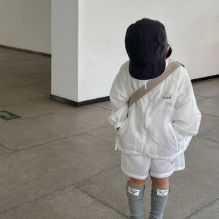 South Korea Ins Children's stand collar sunscreen coat for boys summer suit 3 girls quick-drying skin shorts two-piece set