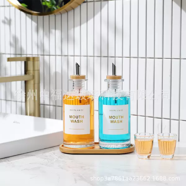 Cross-Border 11.8oz Bathroom Glass Mouthwash Dispenser with Funnel, Bamboo Holder, Crystal White Material Mouthwash Bottle Set