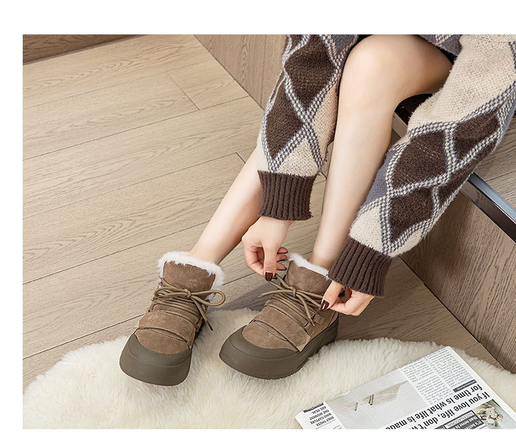 Chaussures pour femmes en cuir de vache givré et velours, bottes de neige à semelles épaisses et chaudes pour femmes, nouvelles chaussures montantes décontractées tout-match pour l'hiver_voghion.com