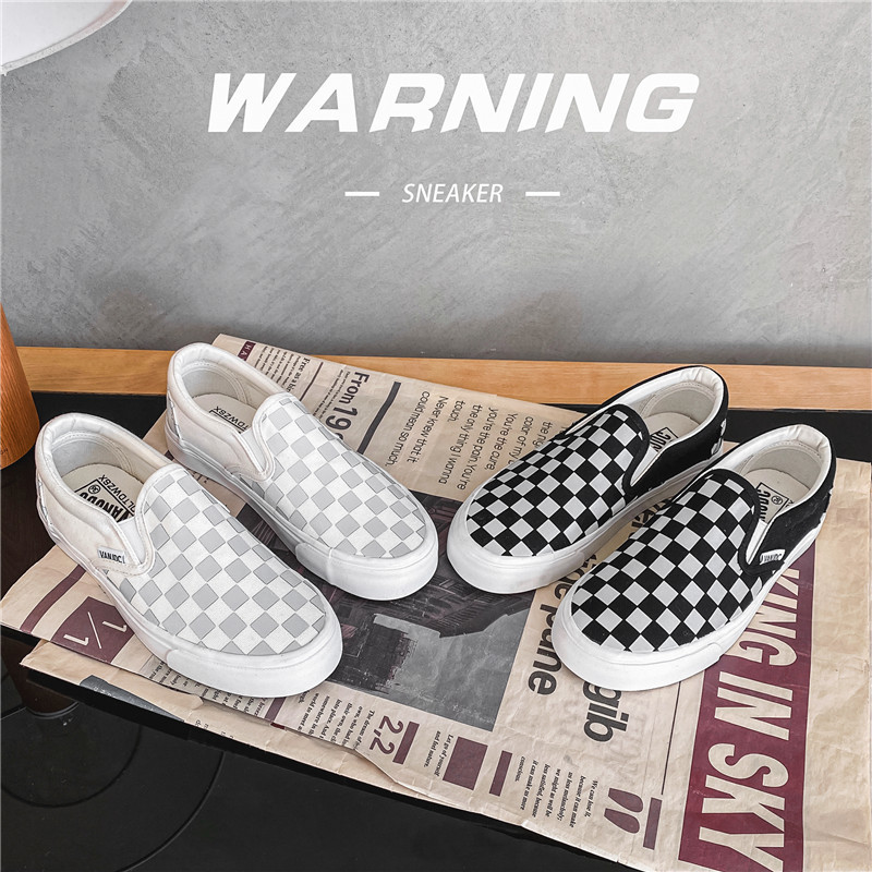 Canvas Shoes for Women and Men, Spring and Autumn Korean Style Trendy Slip-On Checkerboard Pattern Old Beijing Cloth Shoes, Casual Couple Sneakers