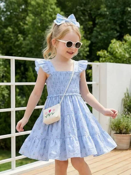 Girls' Floral Strapless Dress Summer Set with Ruffled Hem and Puffy Sleeves, One-Piece Wholesale Sisters' Matching Outfit
