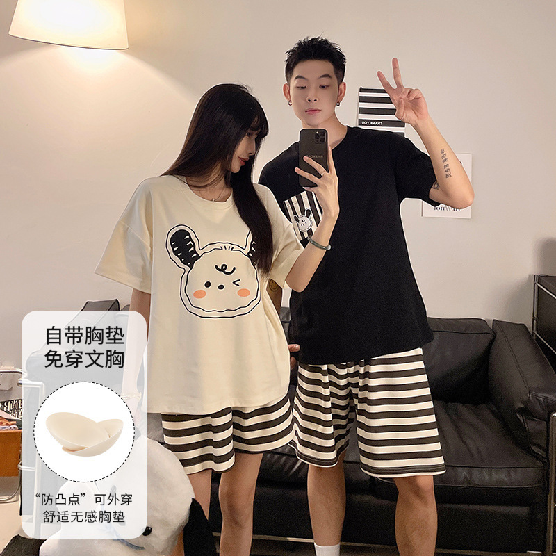 2025 Internet Celebrity Couple Pajamas for Summer, One Man and One Woman with Breast Pads That Can Be Worn Outside, Korean Style Cute Home Clothes 2025 Internet Celebrity Couple Pajamas for Summer, One Man and One Woman with Breast Pads That Can Be Worn Outside, Korean Style Cute Home Clothes