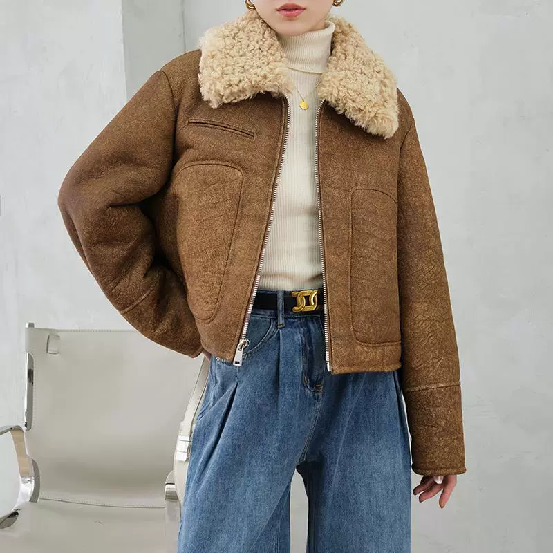 Пальто из ягнёнка One Merid Retro Fur Skin - короткая меховая куртка фиолетового цвета с эффектом стирки, женская зимняя взрывная модель 2024 года