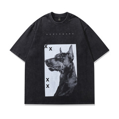 TKPA High Street Direct-Seed Doberman Print Washed Old Short Sleeve T-shirt Men and Women American Retro Trendy Brand Half Sleeve Tee