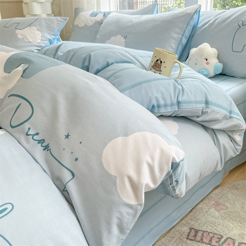 Cama de algodón de dibujos animados de cuatro piezas 100 algodón desnudo edredón sábana dormitorio de verano ropa de cama de tres piezas 4