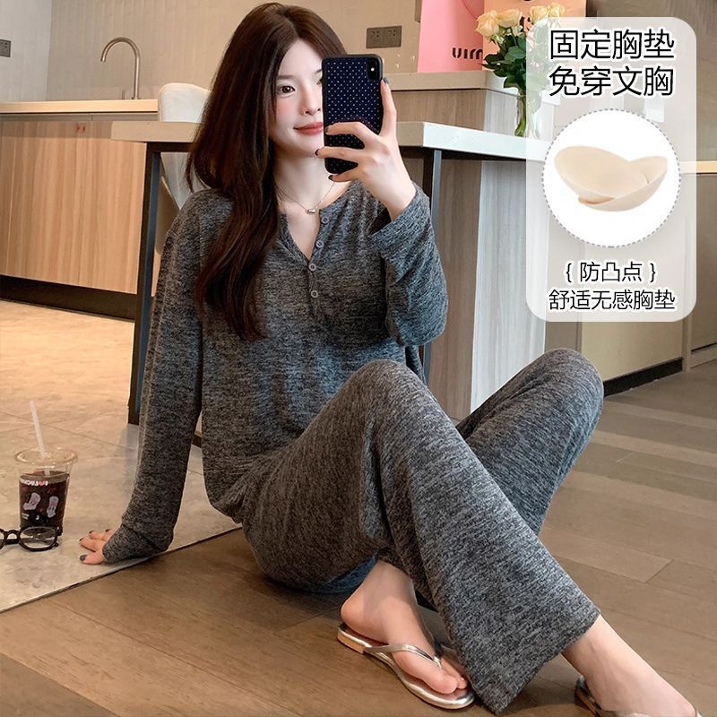 Pajamas with Breast Pads for Women, Spring and Autumn V-Neck Long-Sleeved Pants Set That Can Be Worn Outside, Casual Loose-Fitting Sports Home Clothes