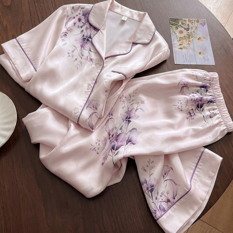 Middle-aged Mom's Summer Ice Silk Pajamas, Women's Short-Sleeve Long-Pants Jacquard 2026 New Shimmering Silk Homewear Set Middle-aged Mom's Summer Ice Silk Pajamas, Women's Short-Sleeve Long-Pants Jacquard 2026 New Shimmering Silk Homewear Set