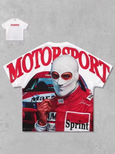 メンズレーシングカーTシャツ、レターとラウンドネックのショートジャージ、SuéterY2Kモデル、アウトドアサマーTシャツ|undefined