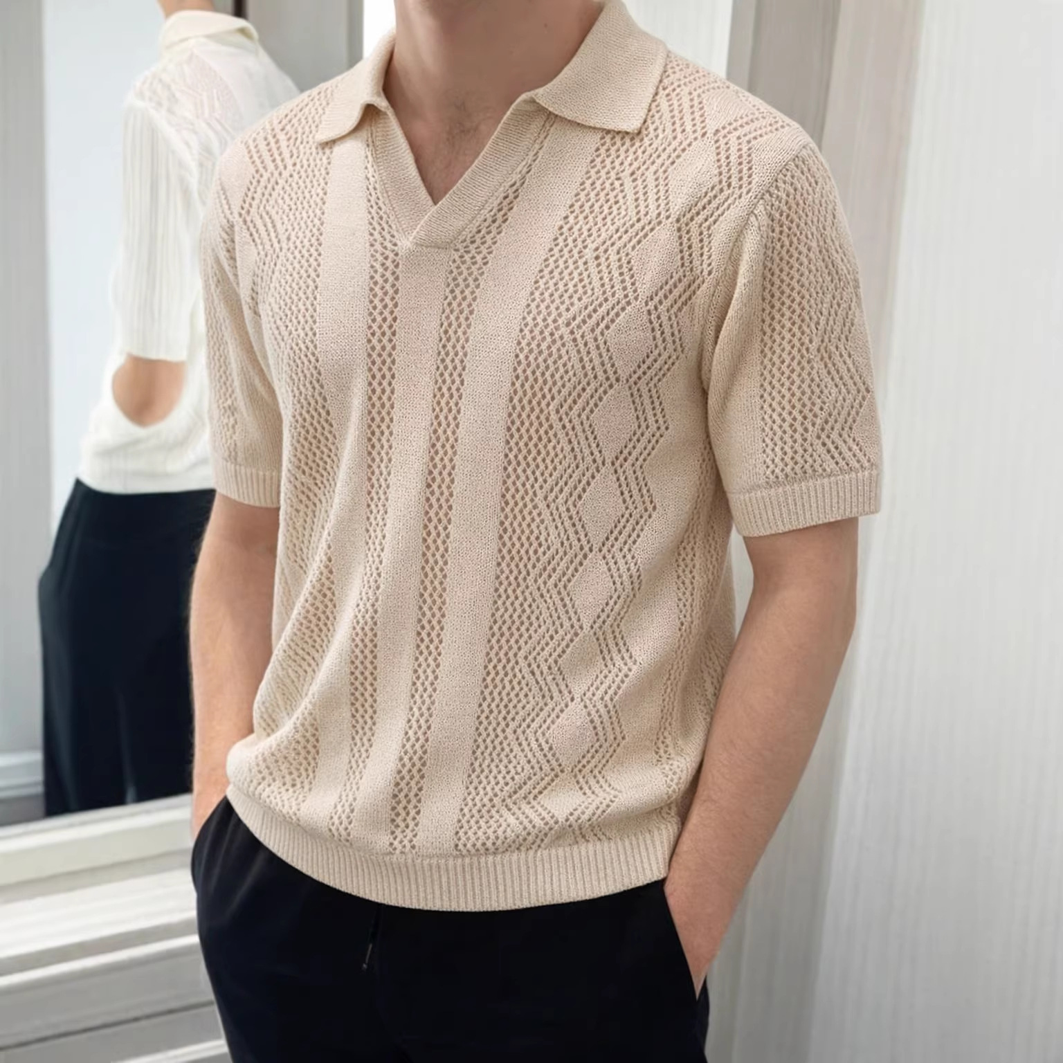 Men's Textured Openwork Knit Short Sleeved Shirt French Retro Collar V Neck Half Open Knit Sweater Exclusive_voghion.com